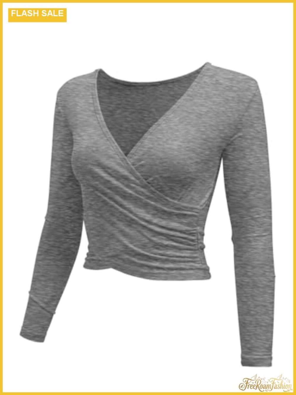 Women's Plunging Cross Wrap Crop Top Long Sleeve Asymmetric Hem | Rayon Blend
